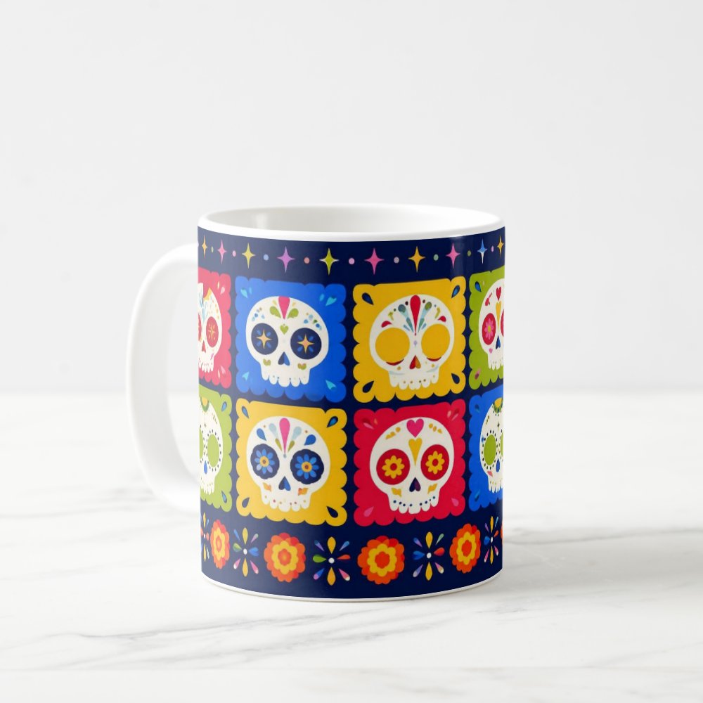 Taza Calaveritas Coloridas Papel Picado Día de Muertos - 325ml