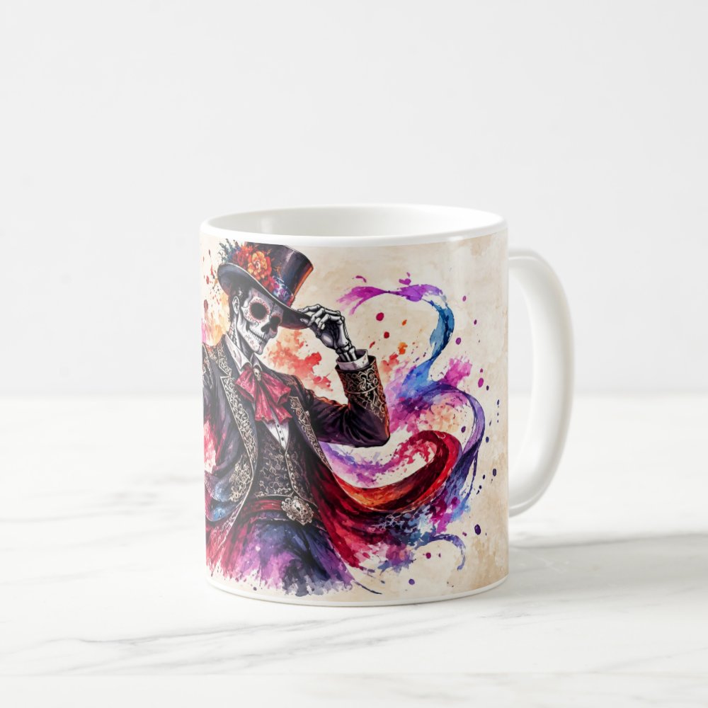 Taza Catrín Elegante Acuarela Día de Muertos Cerámica - 325ml