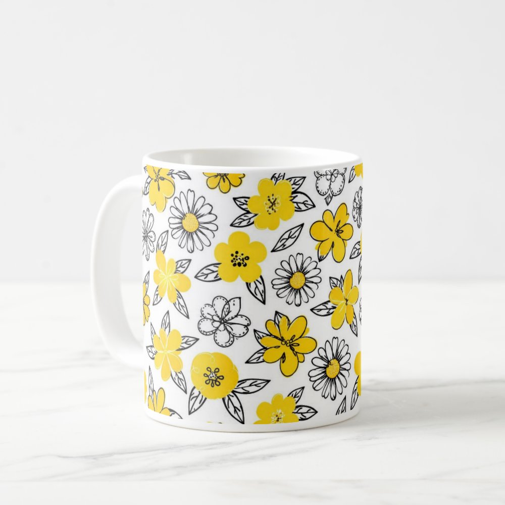 Taza Flores Amarillas 21 de Septiembre Ilustración Garabato Botánico - 325 ml