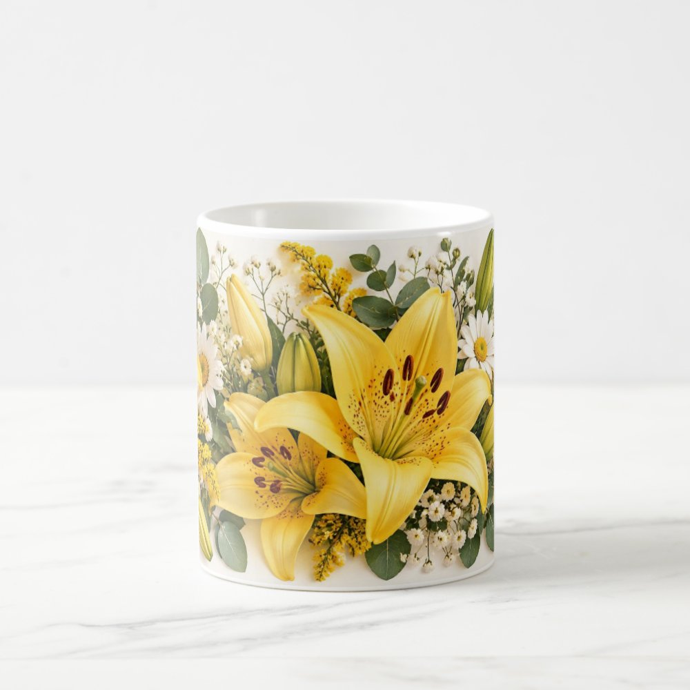 Taza Flores Amarillas 21 de Septiembre Lirios Lisiantus y Eucalipto - 325 ml