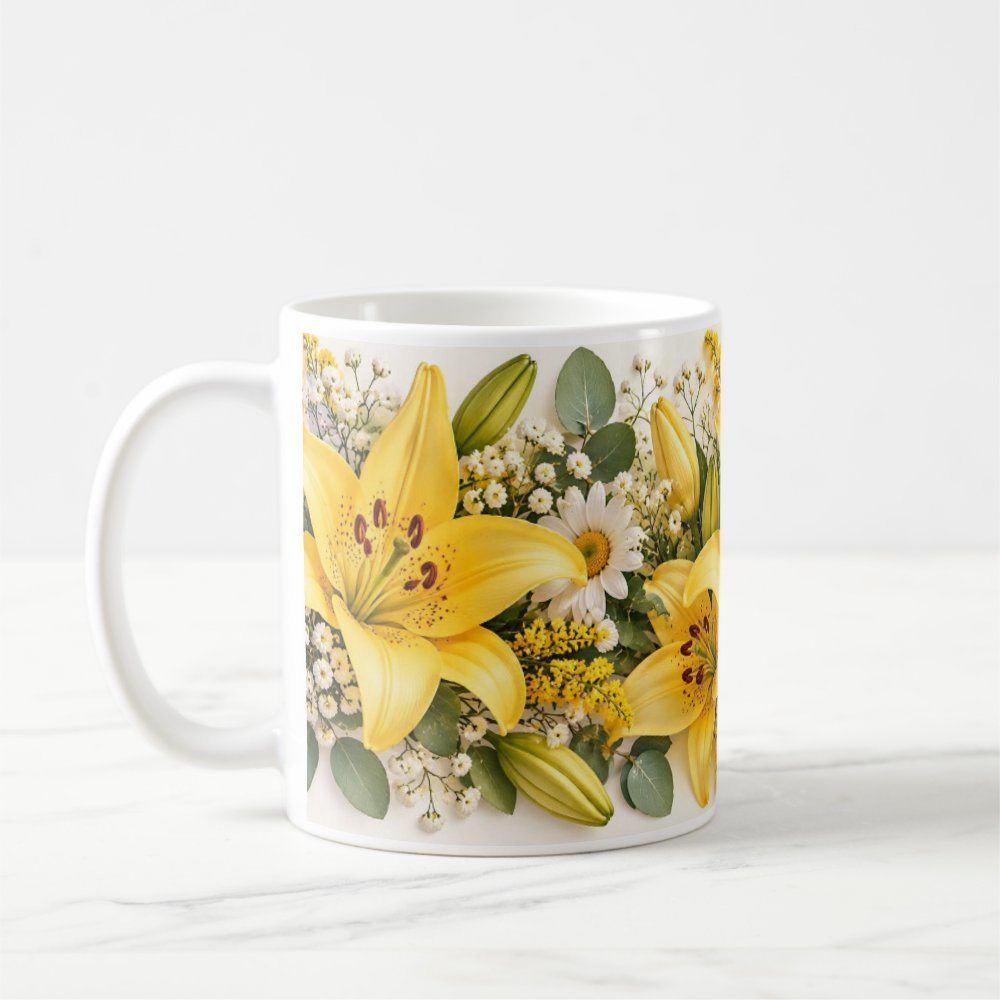 Taza Flores Amarillas 21 de Septiembre Lirios Lisiantus y Eucalipto - 325 ml